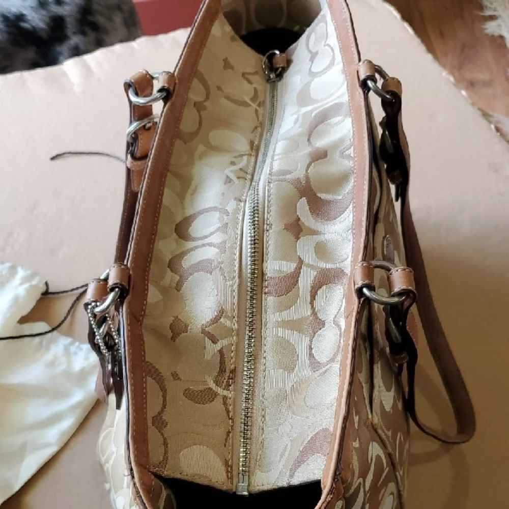 Coach Tan and Brown Diaper Bag 15 X 11.5 Signature Tote With Dust Bag